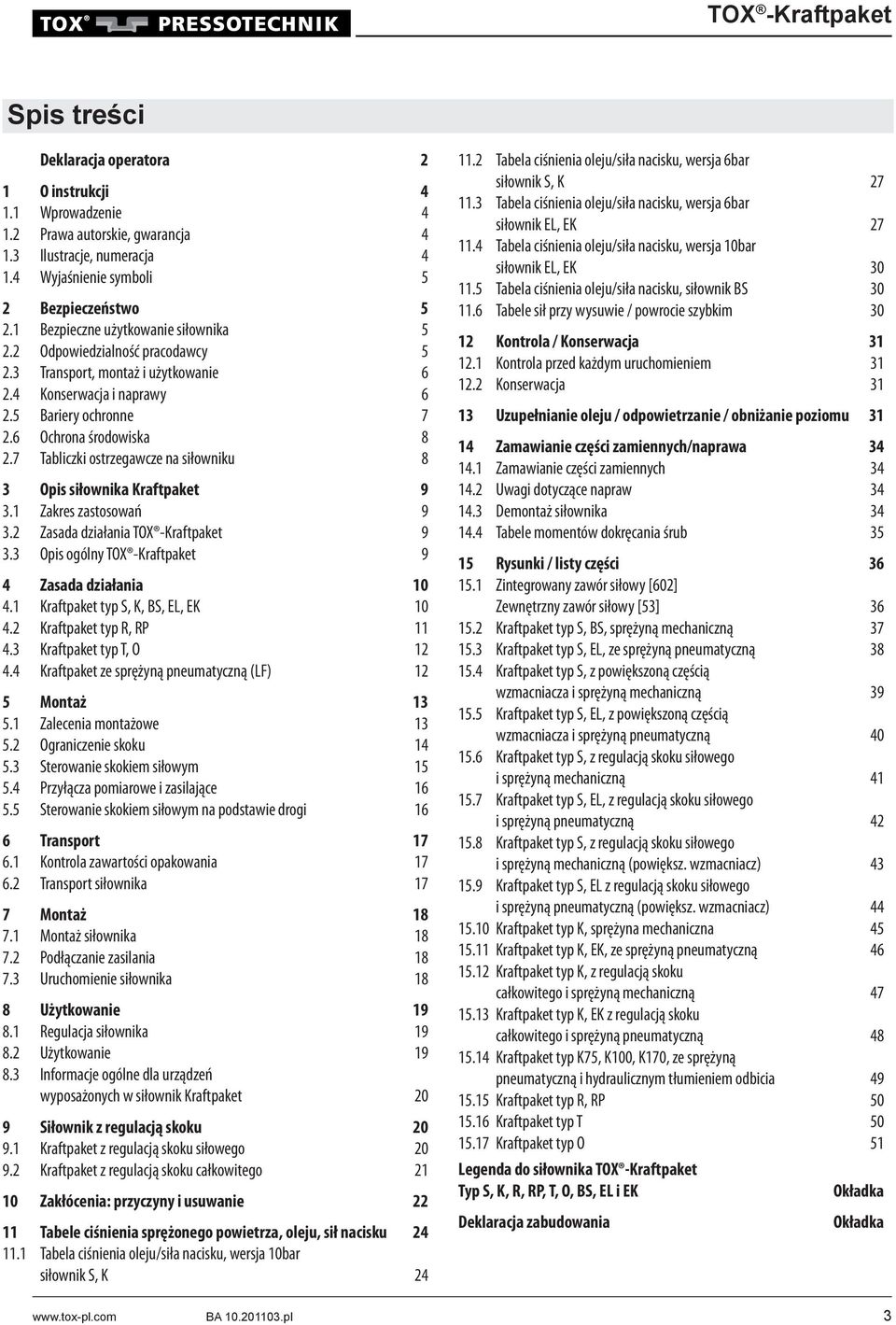7 Tabliczki ostrzegawcze na siłowniku 8 3 Opis siłownika Kraftpaket 9 3.1 Zakres zastosowań 9 3.2 Zasada działania TOX -Kraftpaket 9 3.3 Opis ogólny TOX -Kraftpaket 9 4 Zasada działania 10 4.