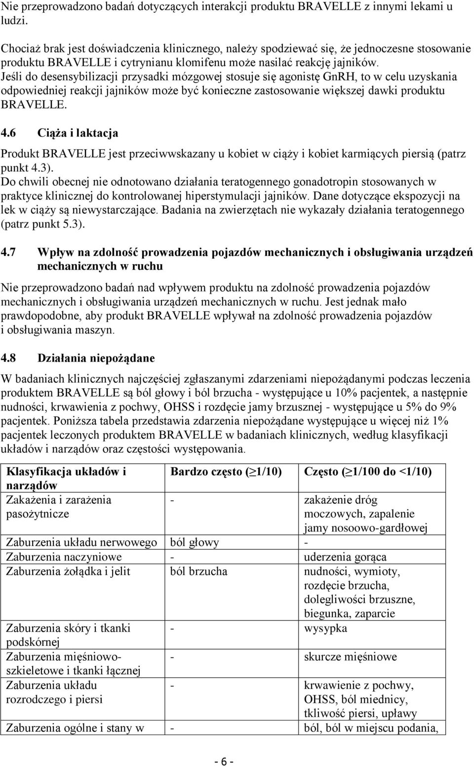 Jeśli do desensybilizacji przysadki mózgowej stosuje się agonistę GnRH, to w celu uzyskania odpowiedniej reakcji jajników może być konieczne zastosowanie większej dawki produktu BRAVELLE. 4.