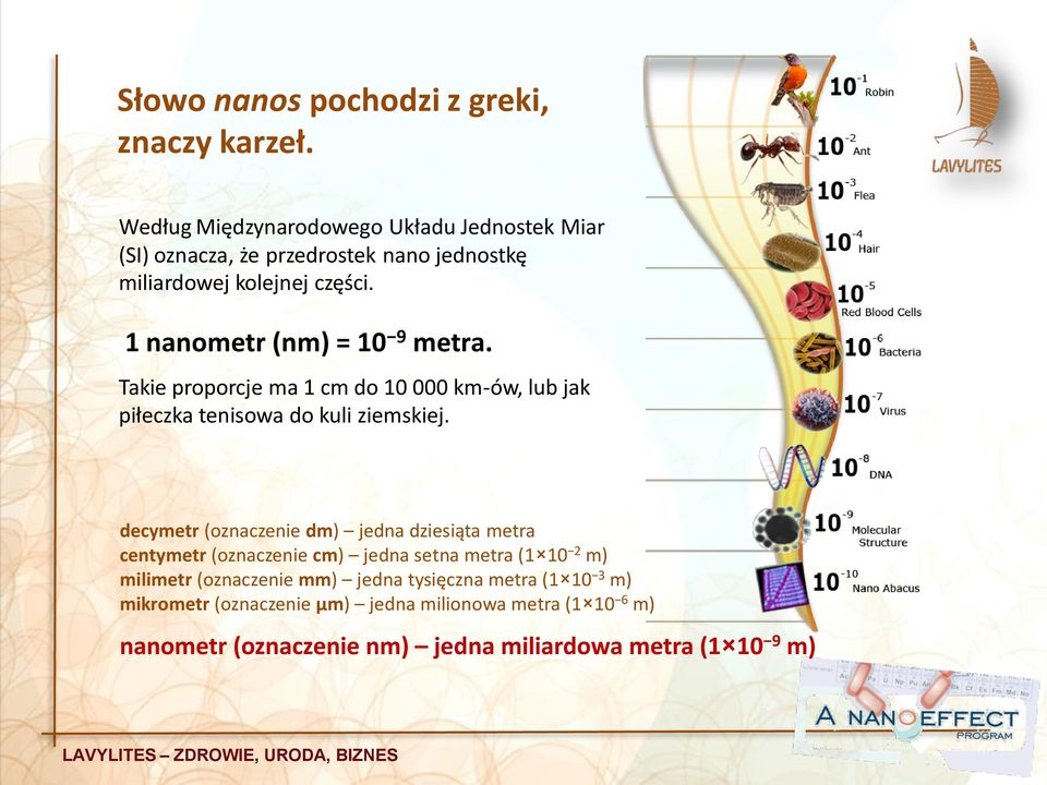 1 nanometr (nm) = 10 9 metra. Takie proporcje ma 1 cm do 10 000 km-ów, lub jak piłeczka tenisowa do kuli ziemskiej.
