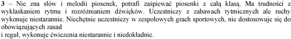 Uczestniczy z zabawach rytmicznych ale ruchy wykonuje niestarannie.