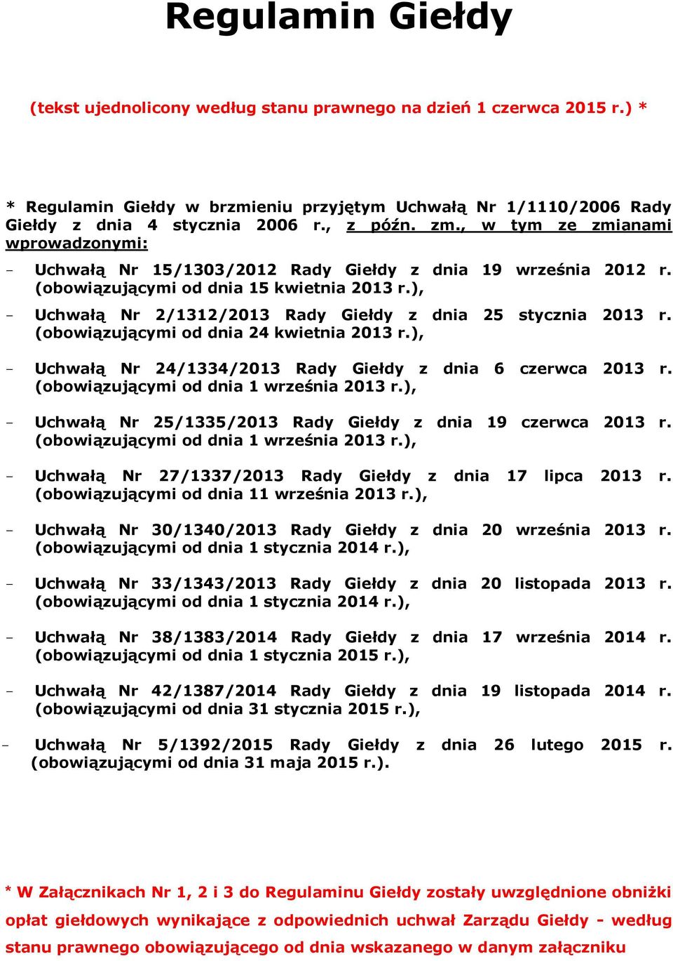 ), Uchwałą Nr 2/1312/2013 Rady Giełdy z dnia 25 stycznia 2013 r. (obowiązującymi od dnia 24 kwietnia 2013 r.), Uchwałą Nr 24/1334/2013 Rady Giełdy z dnia 6 czerwca 2013 r.