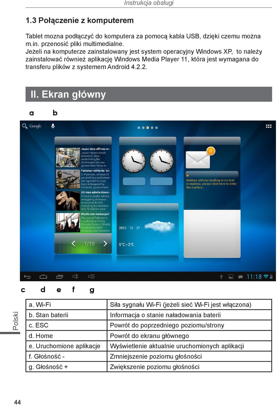 systemem Android 4.2.2. II. Ekran główny a. Wi-Fi Siła sygnału Wi-Fi (jeżeli sieć Wi-Fi jest włączona) b. Stan baterii Informacja o stanie naładowania baterii c.