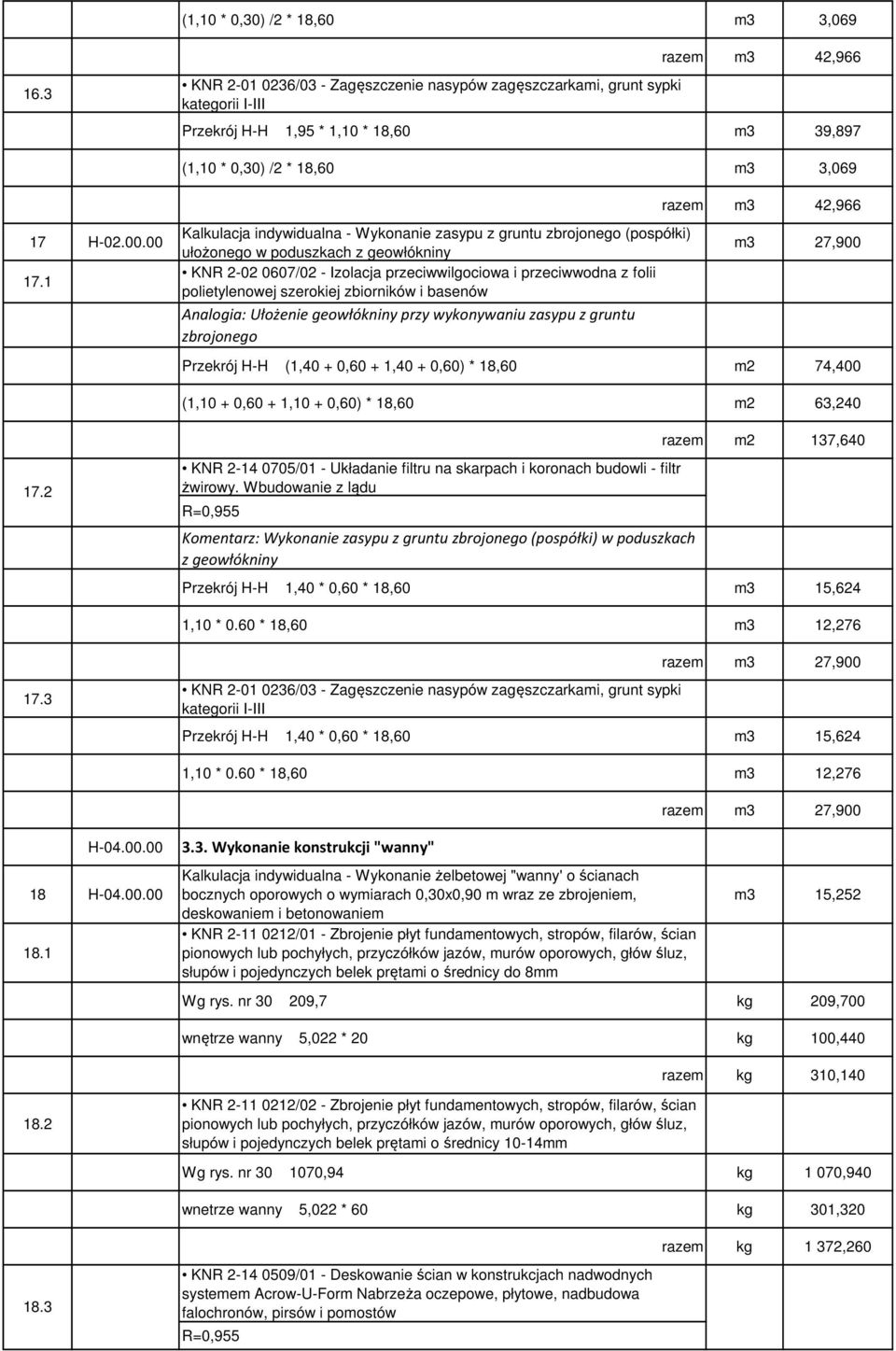 42,966 m3 27,900 Przekrój H-H (1,40 + 0,60 + 1,40 + 0,60) * 18,60 m2 74,400 (1,10 + 0,60 + 1,10 + 0,60) * 18,60 m2 63,240 17.