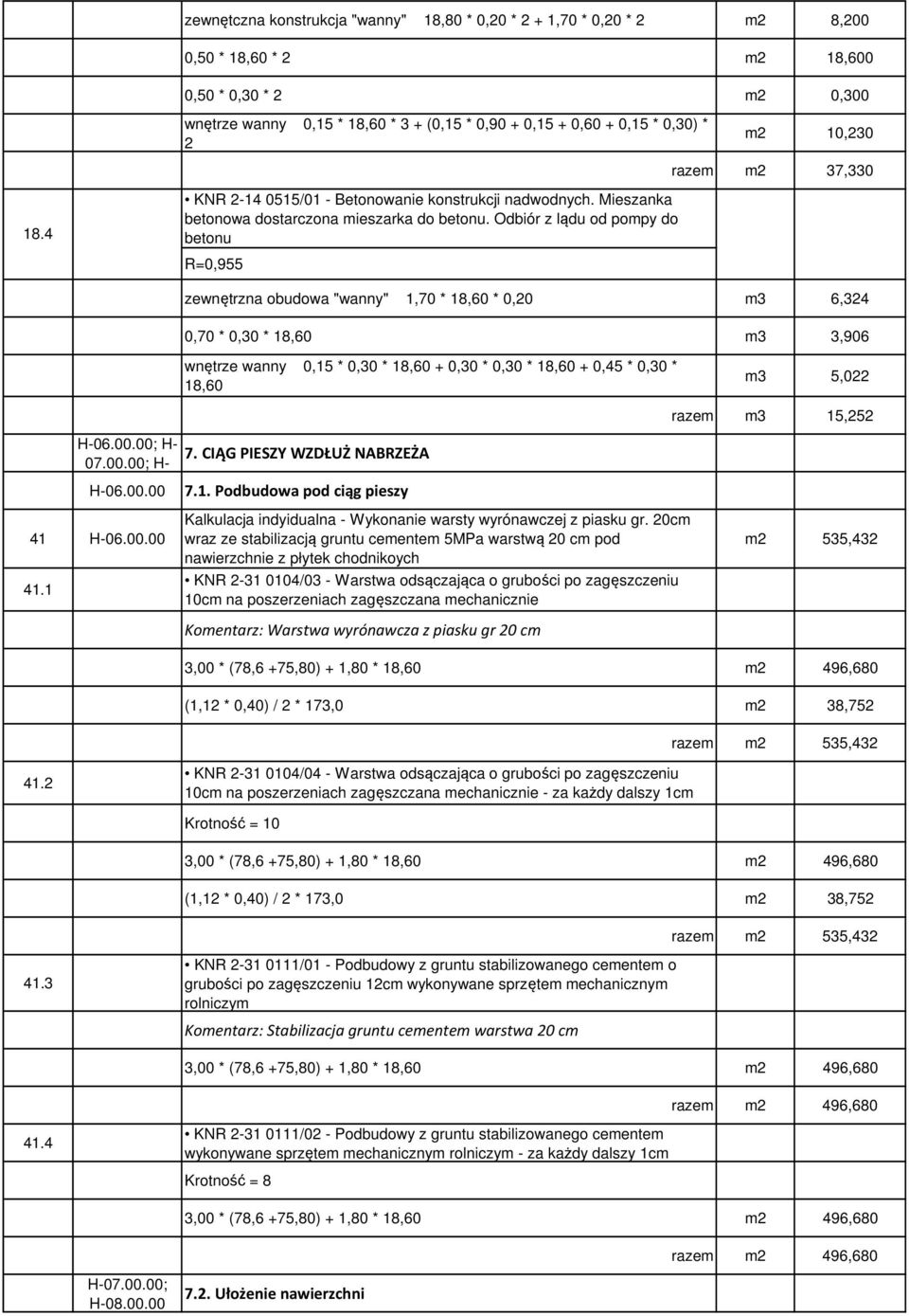 Odbiór z lądu od pompy do betonu zewnętrzna obudowa "wanny" 1,70 * 18,60 * 0,20 m3 6,324 0,70 * 0,30 * 18,60 m3 3,906 wnętrze wanny 0,15 * 0,30 * 18,60 + 0,30 * 0,30 * 18,60 + 0,45 * 0,30 * 18,60 m3
