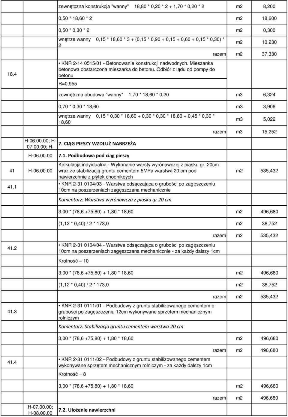 Odbiór z lądu od pompy do betonu zewnętrzna obudowa "wanny" 1,70 * 18,60 * 0,20 m3 6,324 0,70 * 0,30 * 18,60 m3 3,906 wnętrze wanny 0,15 * 0,30 * 18,60 + 0,30 * 0,30 * 18,60 + 0,45 * 0,30 * 18,60 m3