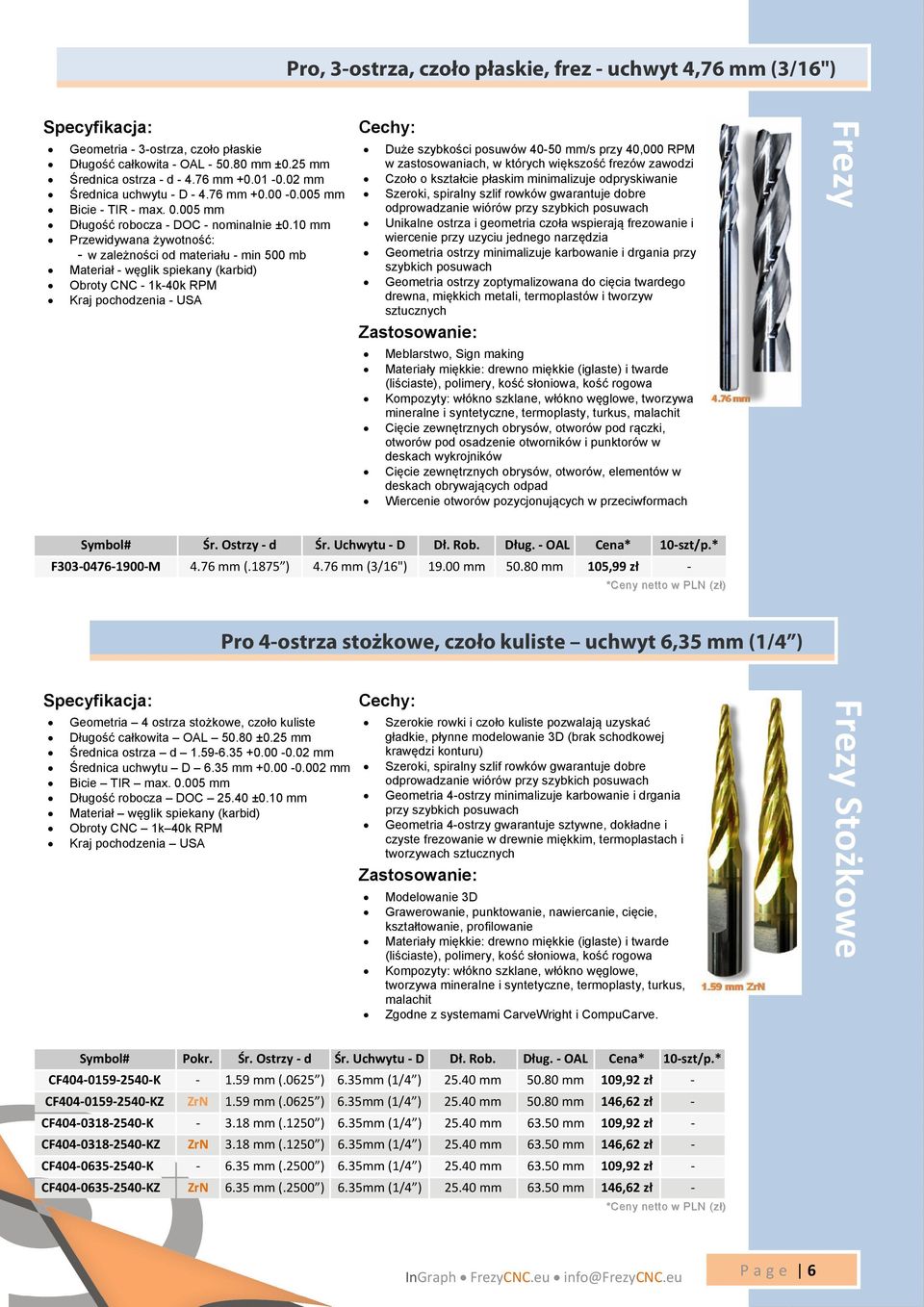 10 mm Przewidywana żywotność: - w zależności od materiału - min 500 mb Materiał - węglik spiekany (karbid) Obroty CNC - 1k-40k RPM Kraj pochodzenia - USA Duże szybkości posuwów 40-50 mm/s przy 40,000