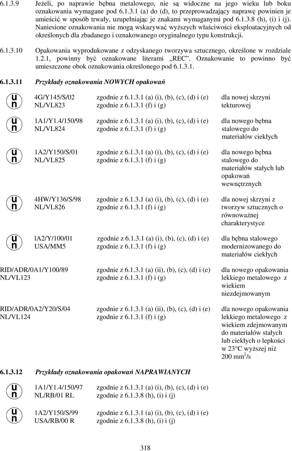 2.1, powinny być oznakowane literami REC. Oznakowanie to powinno być umieszczone obok oznakowania określonego pod 6.1.3.1. 6.1.3.11 Przykłady oznakowania NOWYCH opakowań 4G/Y145/S/02 zgodnie z 6.1.3.1 (i),, (c), (d) i (e) dla nowej skrzyni NL/VL823 zgodnie z 6.