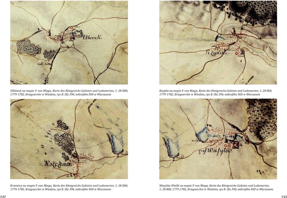 IXa 390, mikrofilm NID w Warszawie Krzewica na mapie F. von Miega, Karte des Königreichs Galizien und Lodomerien, 1: 28 800, 1779-1782, Kriegsarchiv w Wiedniu, rps B.