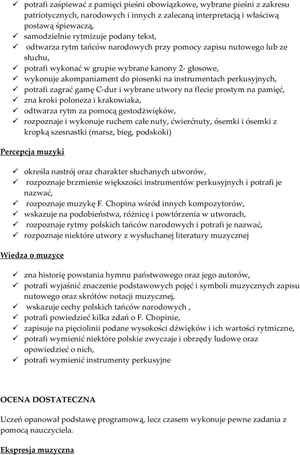 potrafi zagrać gamę C-dur i wybrane utwory na flecie prostym na pamięć, zna kroki poloneza i krakowiaka, odtwarza rytm za pomocą gestodżwięków, rozpoznaje i wykonuje ruchem całe nuty, ćwierćnuty,