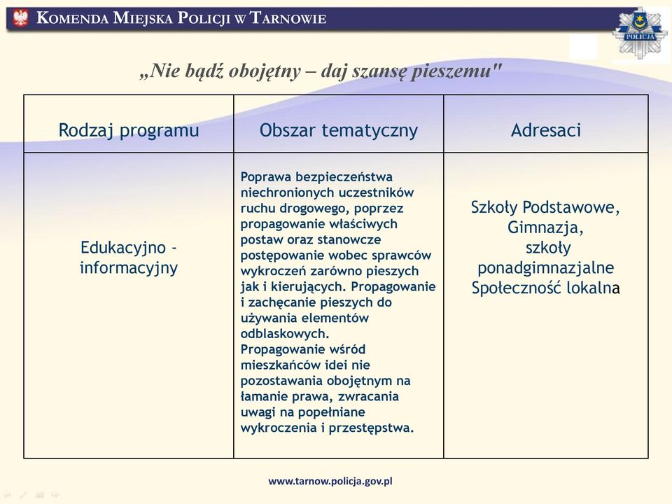 kierujących. Propagowanie i zachęcanie pieszych do używania elementów odblaskowych.