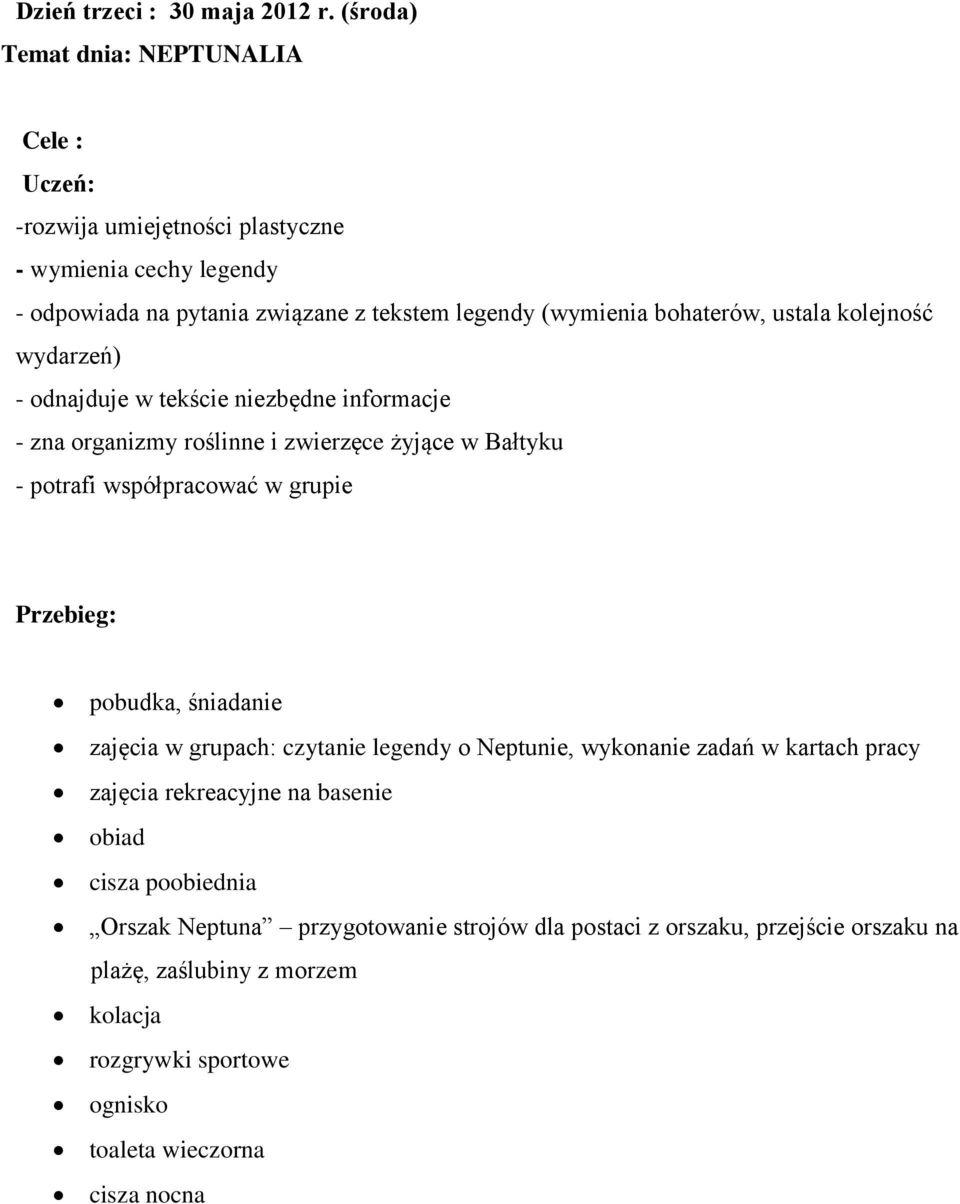ustala kolejność wydarzeń) - odnajduje w tekście niezbędne informacje - zna organizmy roślinne i zwierzęce żyjące w Bałtyku - potrafi współpracować w grupie Przebieg: