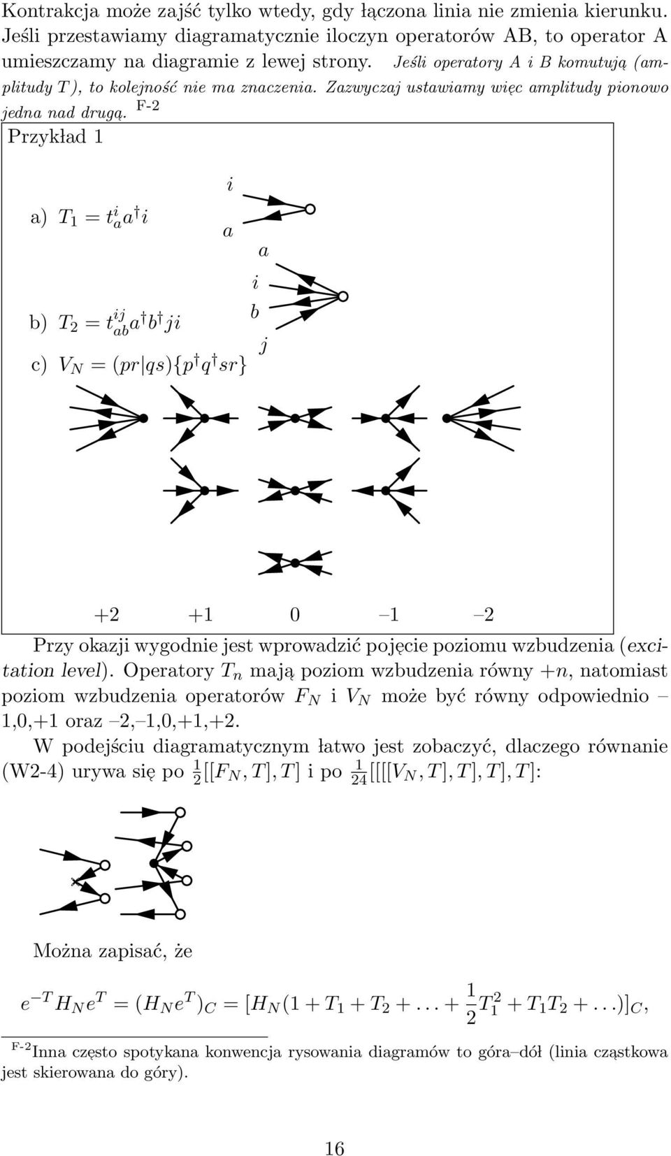 F-2 Przyk lad 1 a) T 1 = t i aa i b) T 2 = t ij ab a b ji c) V N = (pr qs){p q sr} i a i b a j +2 +1 0 1 2 Przyokazjiwygodniejestwprowadzićpojeciepoziomuwzbudzenia(excitation level).