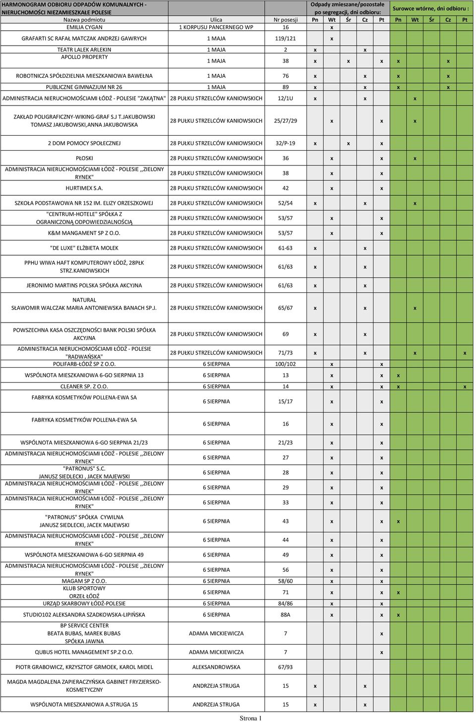 ROBOTNICZA SPÓŁDZIELNIA MIESZKANIOWA BAWEŁNA 1 MAJA 76 x x x x PUBLICZNE GIMNAZJUM NR 26 1 MAJA 89 x x x x "ZAKĄTNA" 28 PUŁKU STRZELCÓW KANIOWSKICH 12/1U x x x ZAKŁAD POLIGRAFICZNY-WIKING-GRAF S.J T.