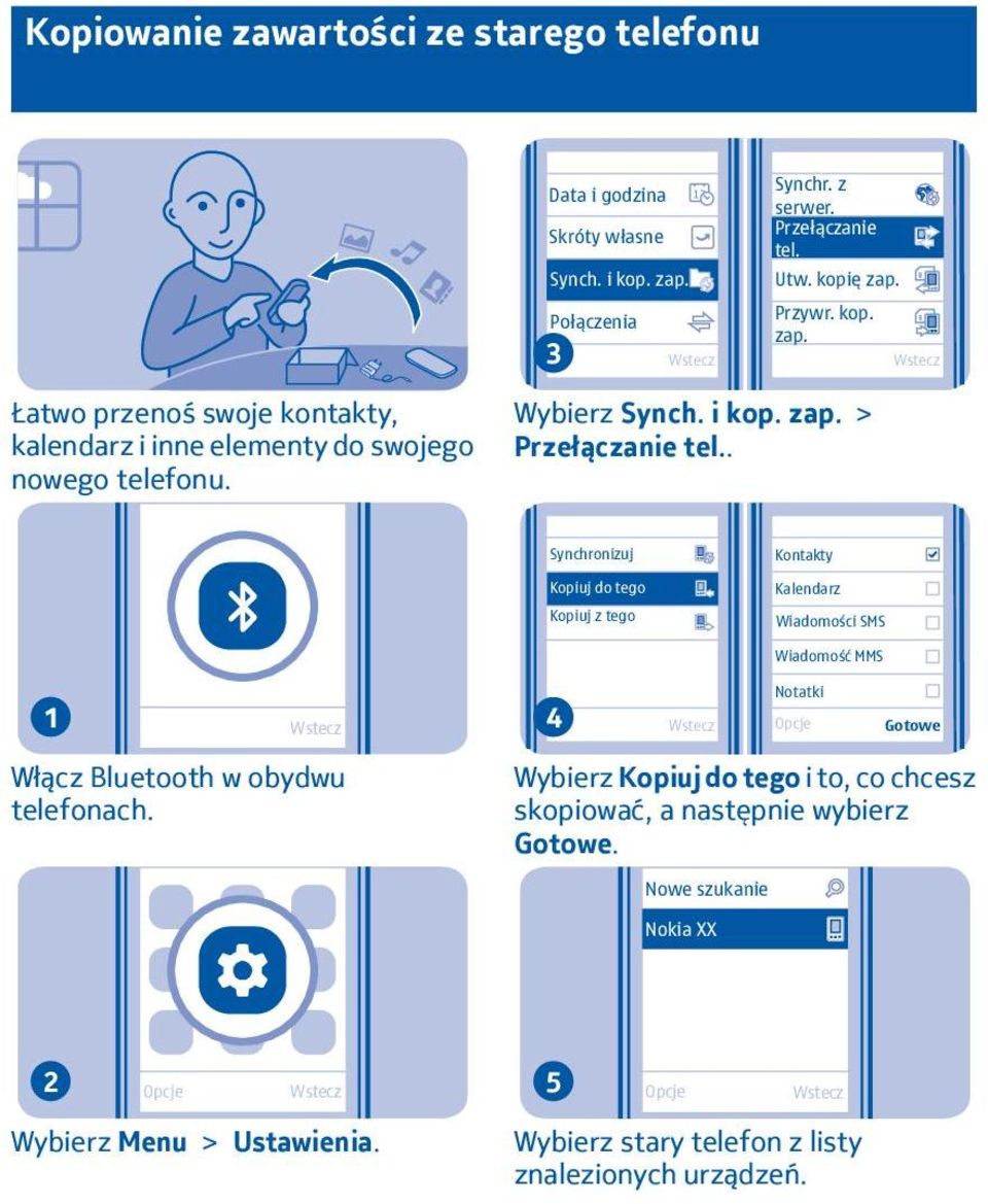 . Synchronizuj Kopiuj do tego Kopiuj z tego Kontakty Kalendarz Wiadomości SMS Wiadomość MMS 4 Notatki Gotowe Włącz Bluetooth w obydwu telefonach.