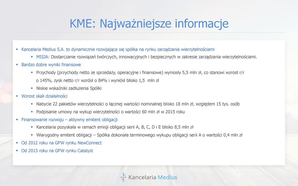 Bardzo dobre wyniki finansowe Przychody (przychody netto ze sprzedaży, operacyjne i finansowe) wyniosły 5,5 mln zł, co stanowi wzrost r/r o 145%, zysk netto r/r wzrósł o 84% i wyniósł blisko 1,5 mln