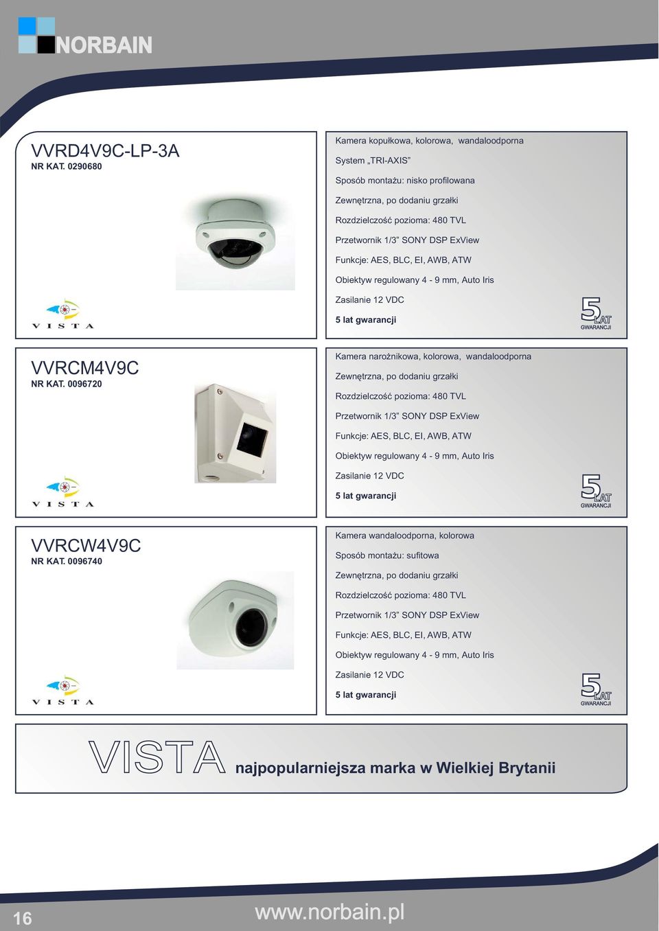 Funkcje: AES, BLC, EI, AWB, ATW Obiektyw regulowany 4-9 mm, Auto Iris Zasilanie 12 VDC VVRCM4V9C NR KAT.