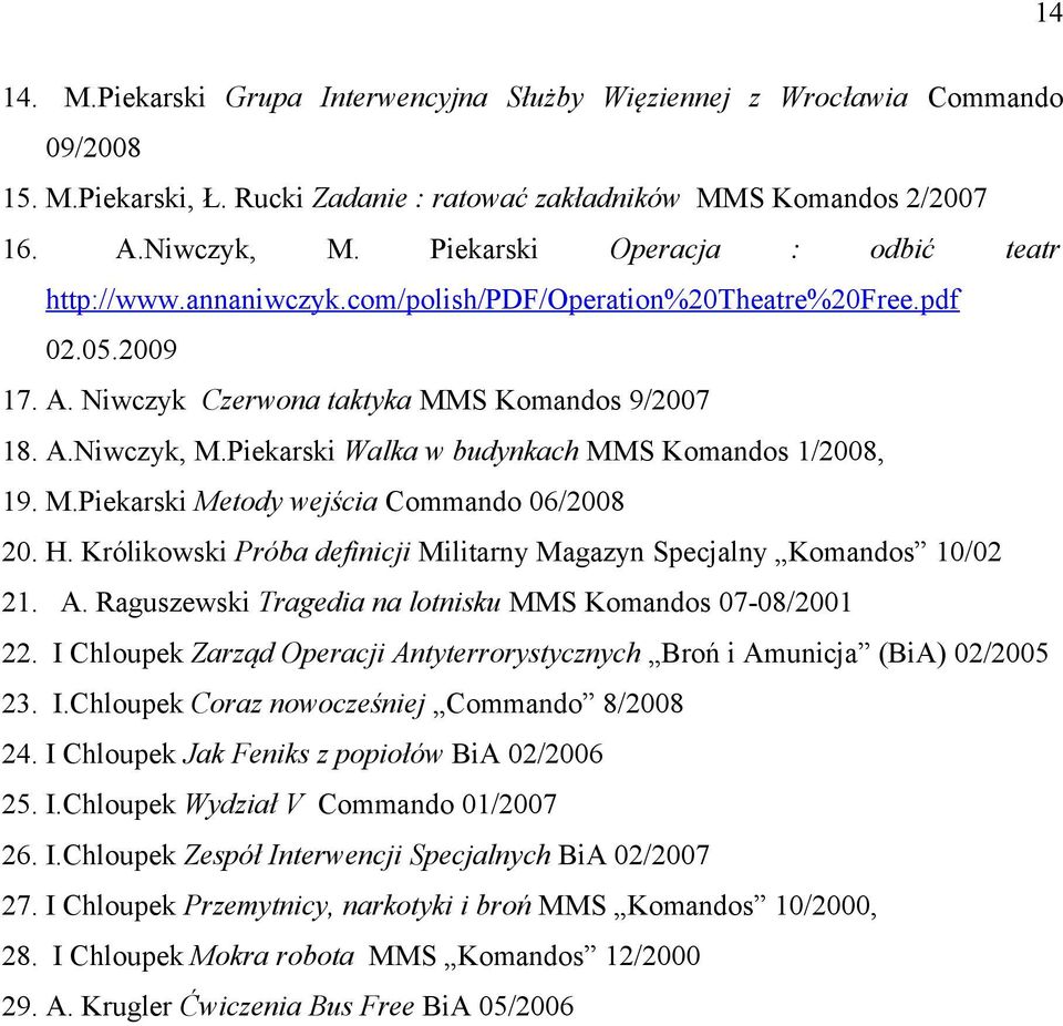 Piekarski Walka w budynkach MMS Komandos 1/2008, 19. M.Piekarski Metody wejścia Commando 06/2008 20. H. Królikowski Próba definicji Militarny Magazyn Specjalny Komandos 10/02 21. A.