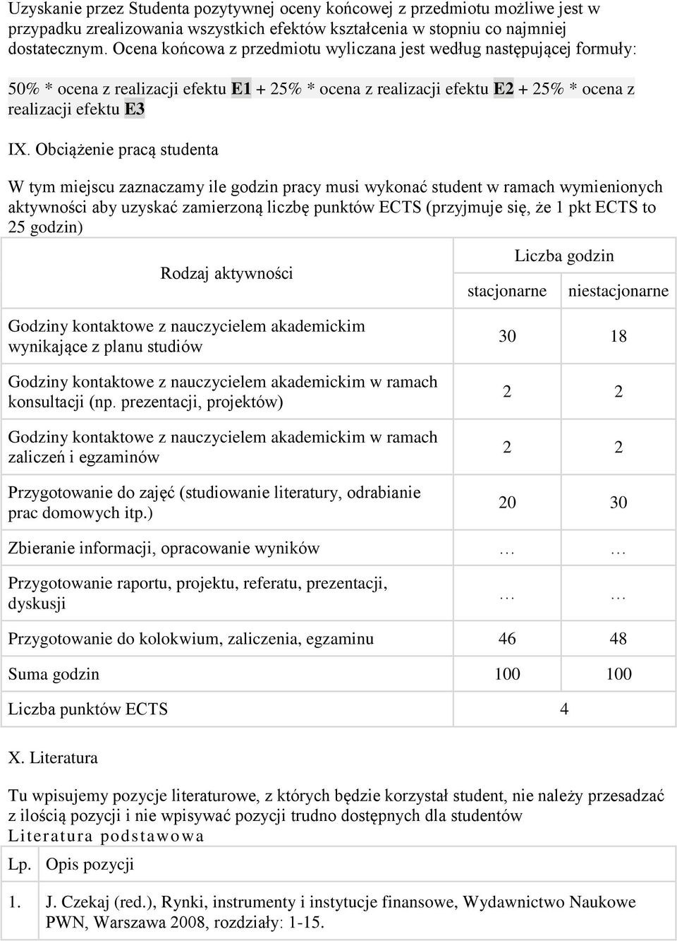 Obciążenie pracą studenta W tym miejscu zaznaczamy ile godzin pracy musi wykonać student w ramach wymienionych aktywności aby uzyskać zamierzoną liczbę punktów ECTS (przyjmuje się, że 1 pkt ECTS to