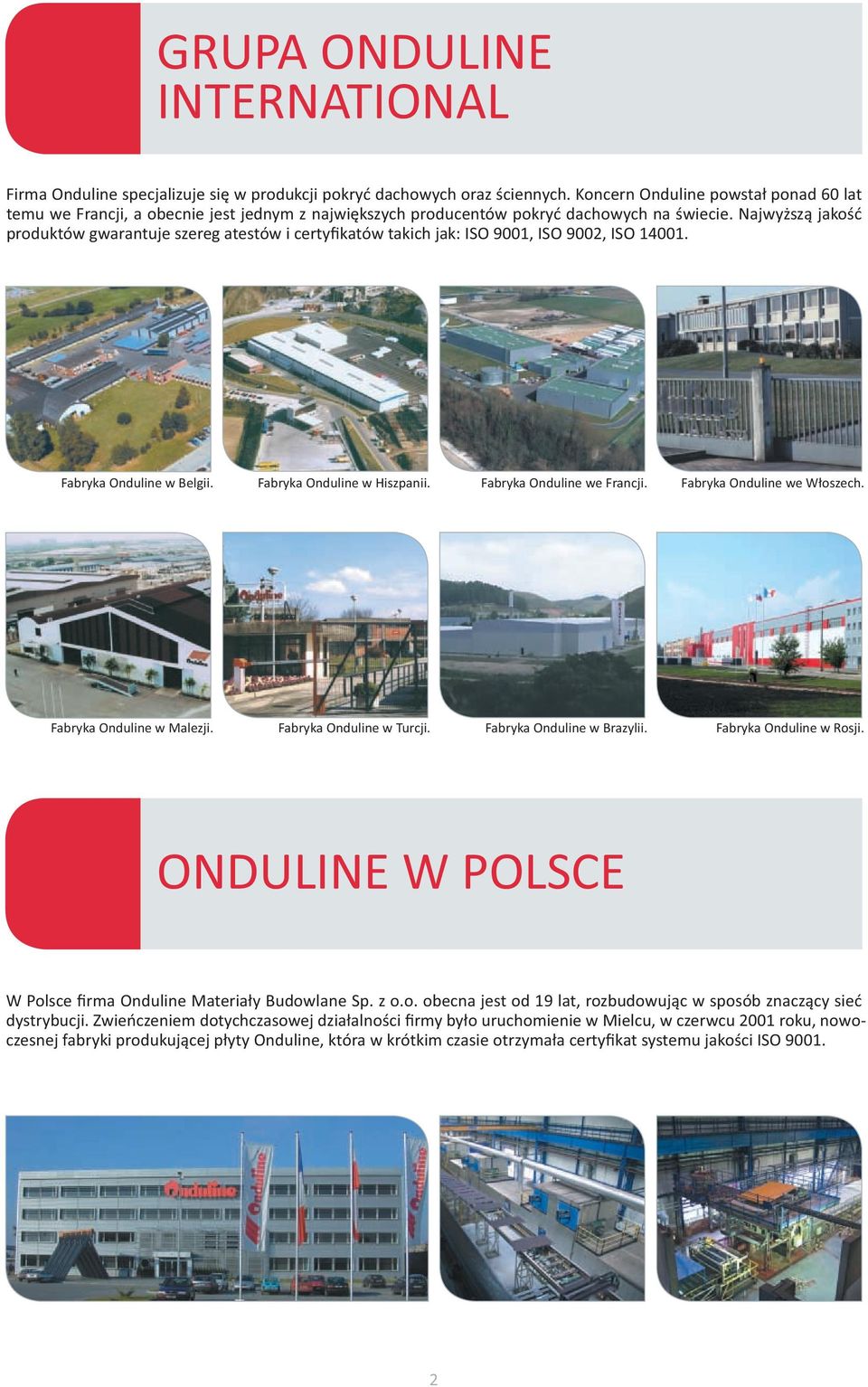 Najwyższą jakość produktów gwarantuje szereg atestów i certyfikatów takich jak: ISO 9001, ISO 9002, ISO 14001. Fabryka Onduline w Belgii. Fabryka Onduline w Hiszpanii. Fabryka Onduline we Francji.