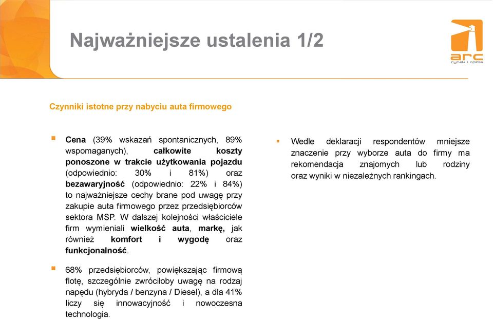 W dalszej kolejności właściciele firm wymieniali wielkość auta, markę, jak również komfort i wygodę oraz funkcjonalność.