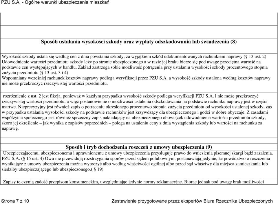 Zakład zastrzega sobie możliwość potrącenia przy ustalaniu wysokości szkody procentowego stopnia zużycia przedmiotu ( 13 ust.