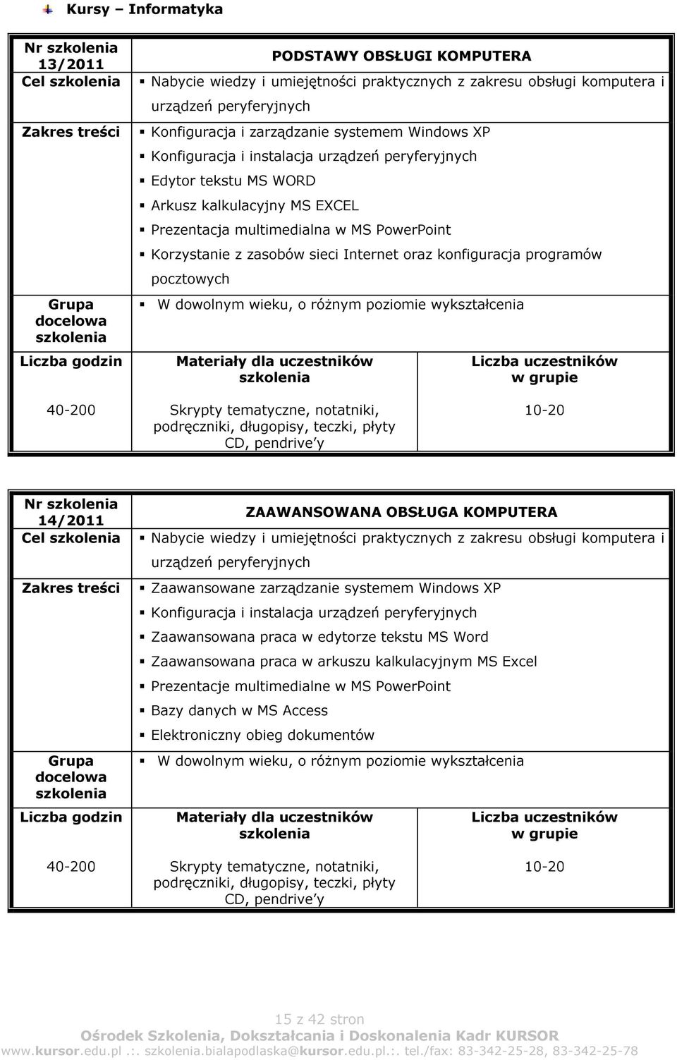 programów pocztowych W dowolnym wieku, o różnym poziomie wykształcenia 40-200 podręczniki, długopisy, teczki, płyty CD, pendrive y Nr 14/2011 Cel ZAAWANSOWANA OBSŁUGA KOMPUTERA Nabycie wiedzy i