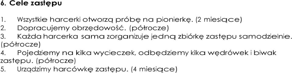 Każda harcerka sama zorganizuje jedną zbiórkę zastępu samodzielnie. (półrocze) 4.