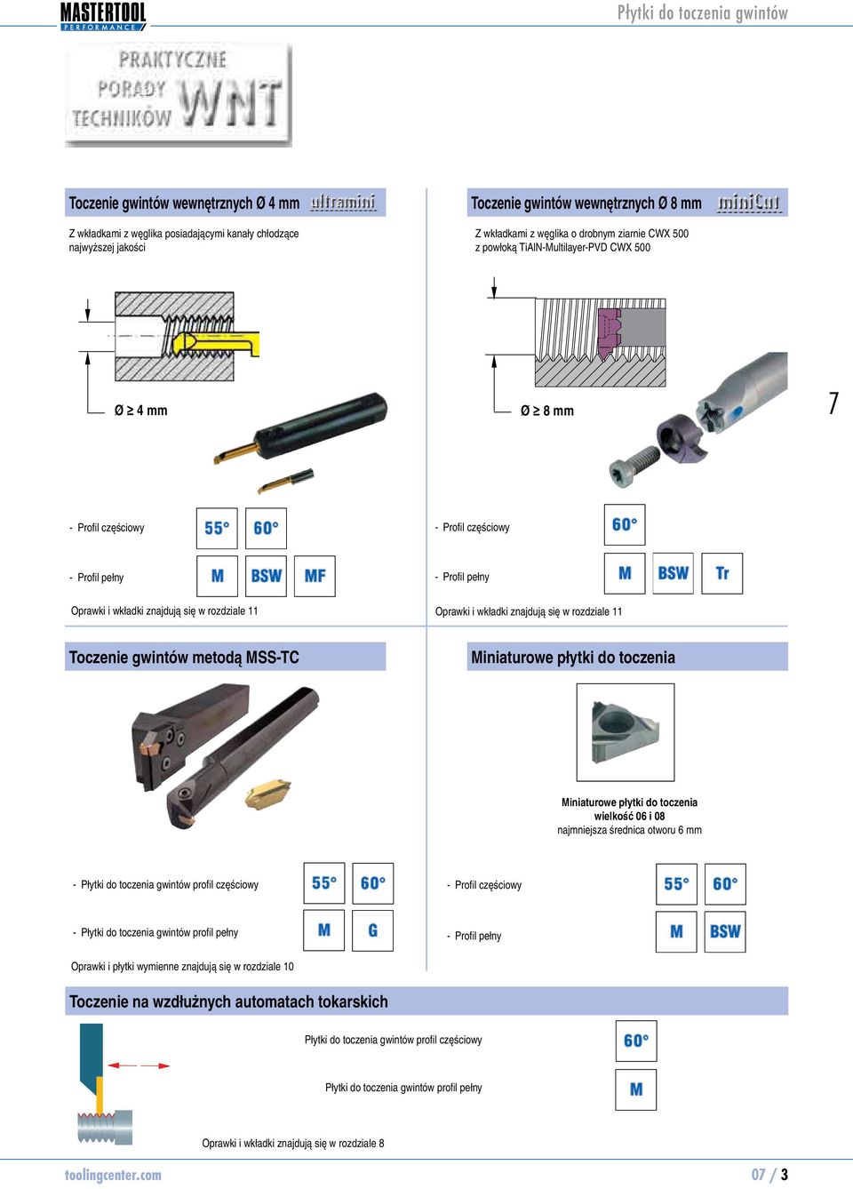 11 Toczenie gwintów metodą MSS-TC Miniaturowe płytki do toczenia Miniaturowe płytki do toczenia wielkość 06 i 08 najmniejsza średnica otworu 6 mm Płytki do toczenia gwintów profil częściowy Profil