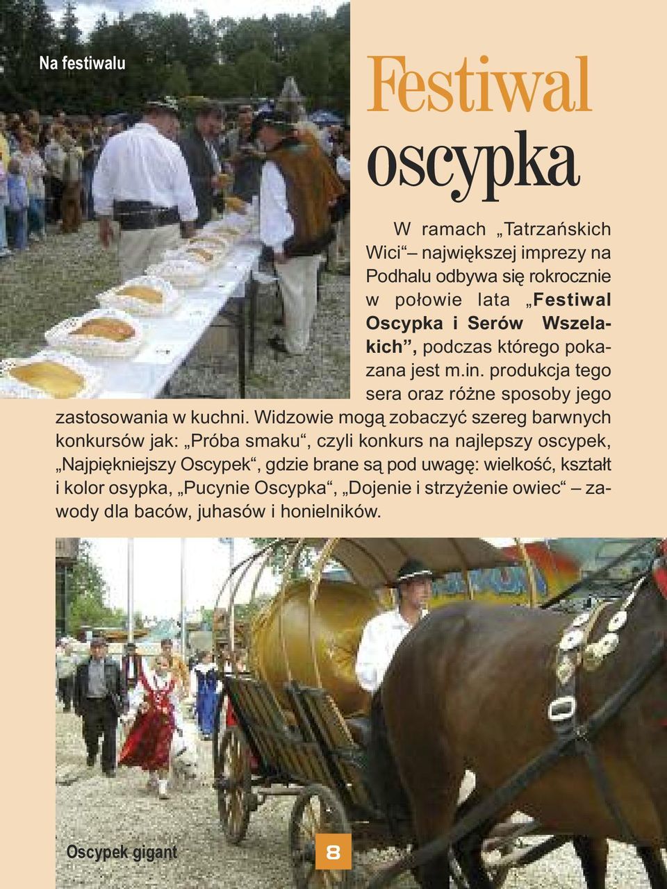 Widzowie mogą zobaczyć szereg barwnych konkursów jak: Próba smaku, czyli konkurs na najlepszy oscypek, Najpiękniejszy Oscypek, gdzie brane