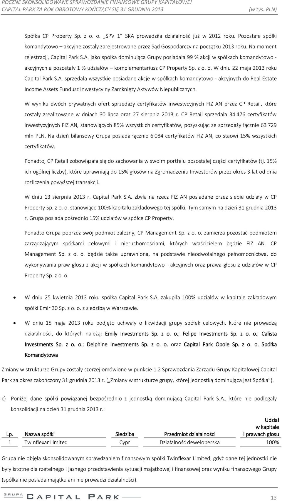 o. W dniu 22 maja 2013 roku Capital Park S.A. sprzedała wszystkie posiadane akcje w spółkach komandytowo - akcyjnych do Real Estate Income Assets Fundusz Inwestycyjny Zamknięty Aktywów Niepublicznych.