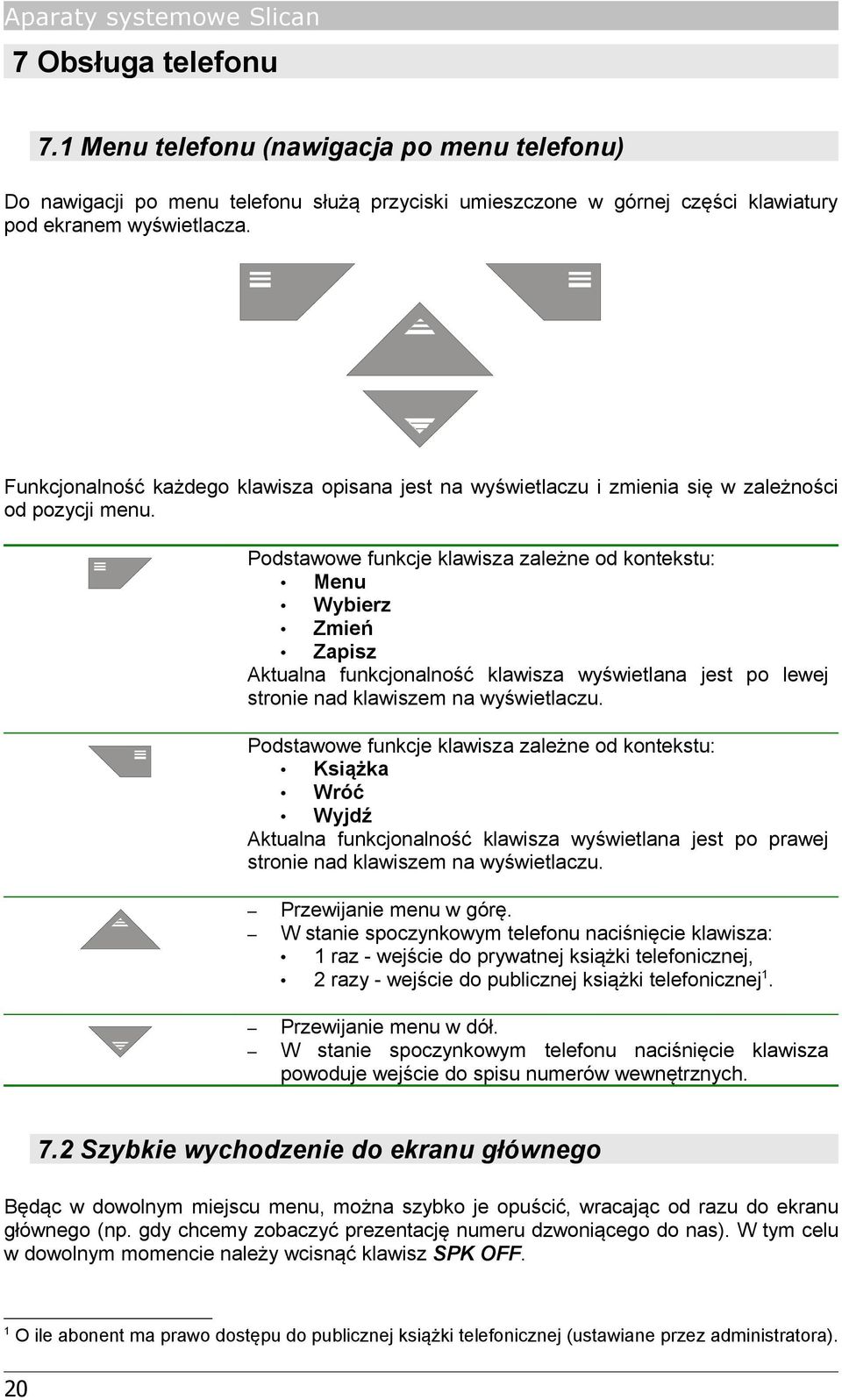 Funkcjonalność każdego klawisza opisana jest na wyświetlaczu i zmienia się w zależności od pozycji menu.