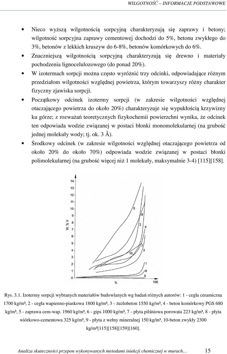 W izotermach sorpcji można często wyróżnić trzy odcinki, odpowiadające różnym przedziałom wilgotności względnej powietrza, którym towarzyszy różny charakter fizyczny zjawiska sorpcji.