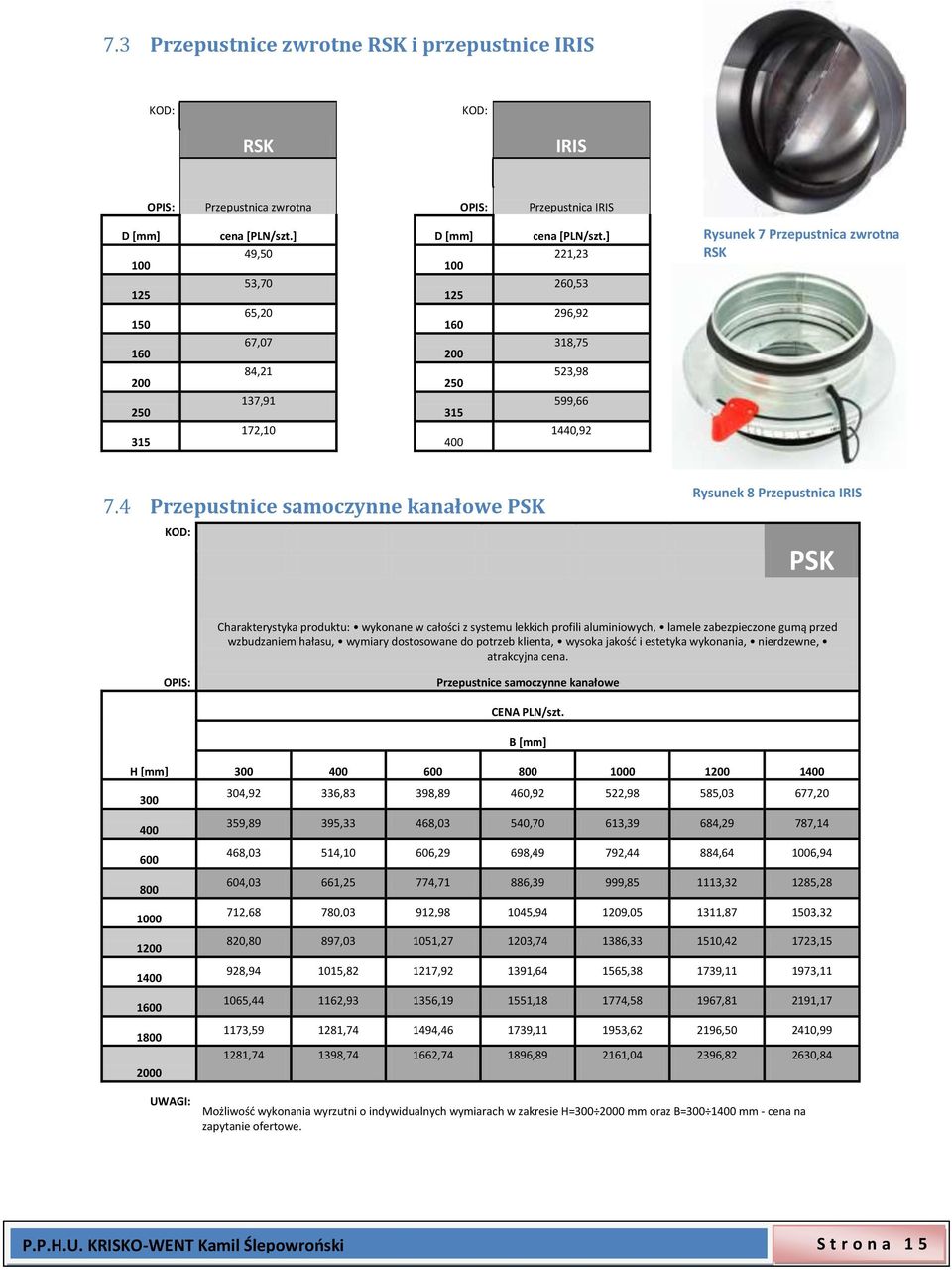 4 Przepustnice samoczynne kanałowe PSK Rysunek 8 Przepustnica IRIS PSK Charakterystyka produktu: wykonane w całości z systemu lekkich profili aluminiowych, lamele zabezpieczone gumą przed wzbudzaniem