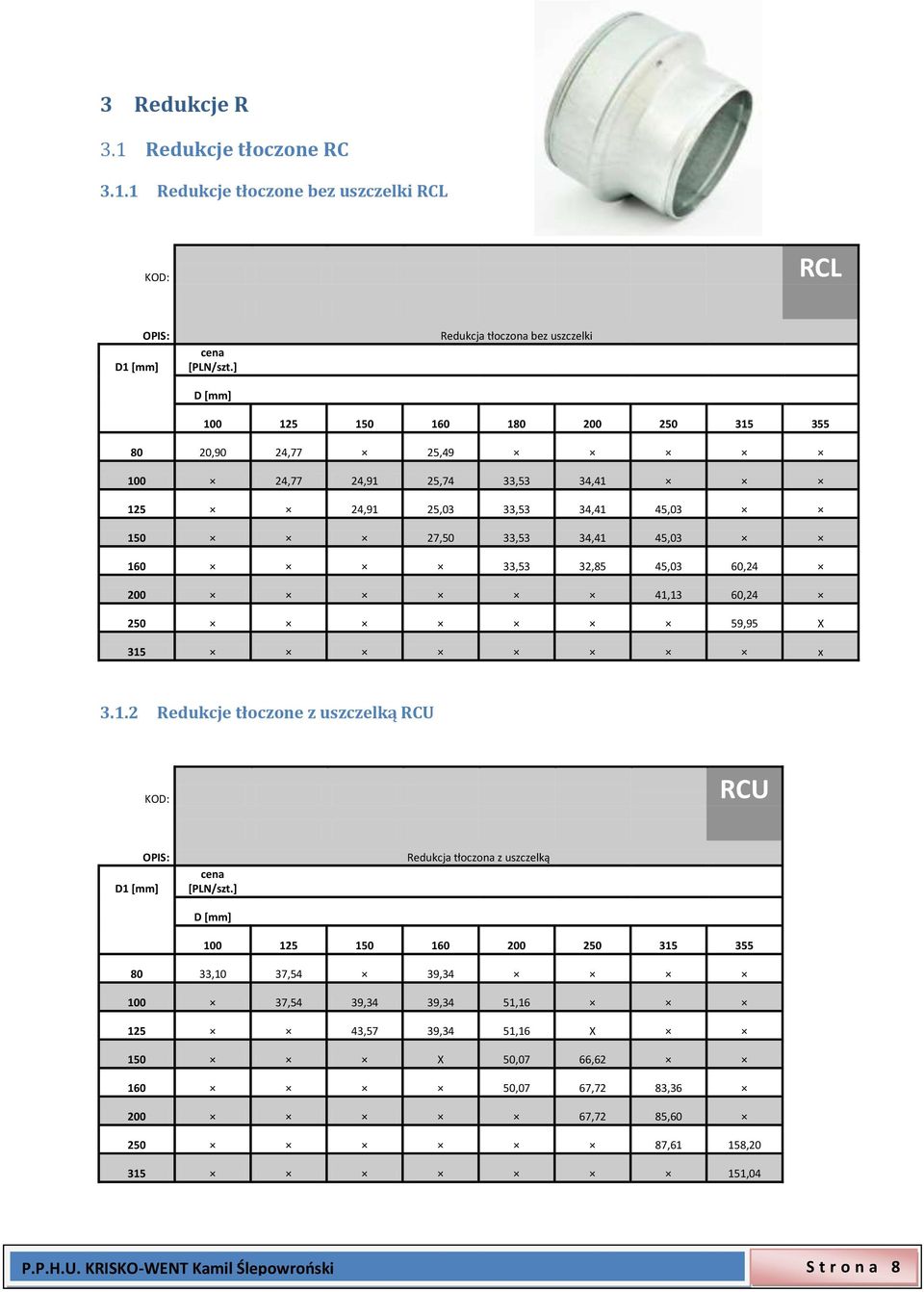 27,50 33,53 34,41 45,03 160 33,53 32,85 45,03 60,24 200 41,13 60,24 250 59,95 X 315 x 3.1.2 Redukcje tłoczone z uszczelką RCU RCU D1 [mm] cena [PLN/szt.