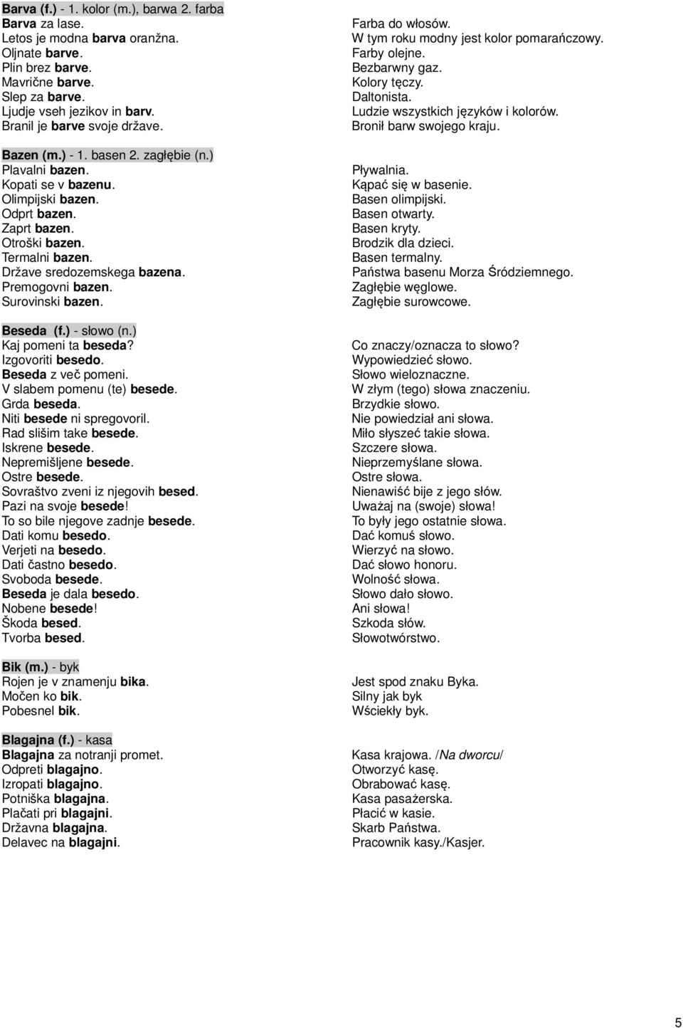 Države sredozemskega bazena. Premogovni bazen. Surovinski bazen. Beseda (f.) - słowo (n.) Kaj pomeni ta beseda? Izgovoriti besedo. Beseda z več pomeni. V slabem pomenu (te) besede. Grda beseda.