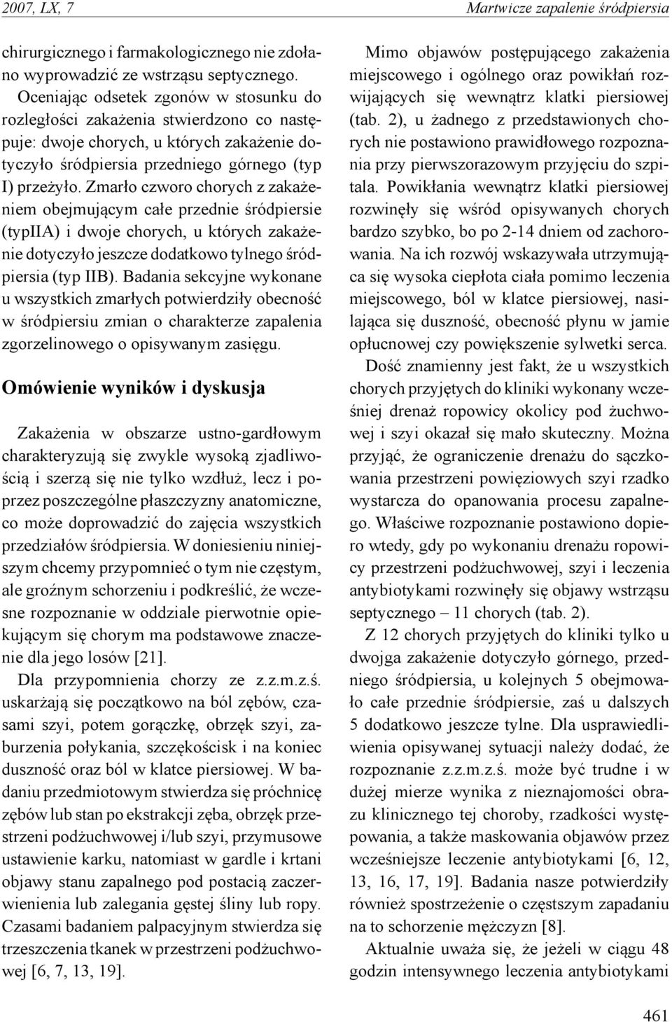 Zmarło czworo chorych z zakażeniem obejmującym całe przednie śródpiersie (typiia) i dwoje chorych, u których zakażenie dotyczyło jeszcze dodatkowo tylnego śródpiersia (typ IIB).
