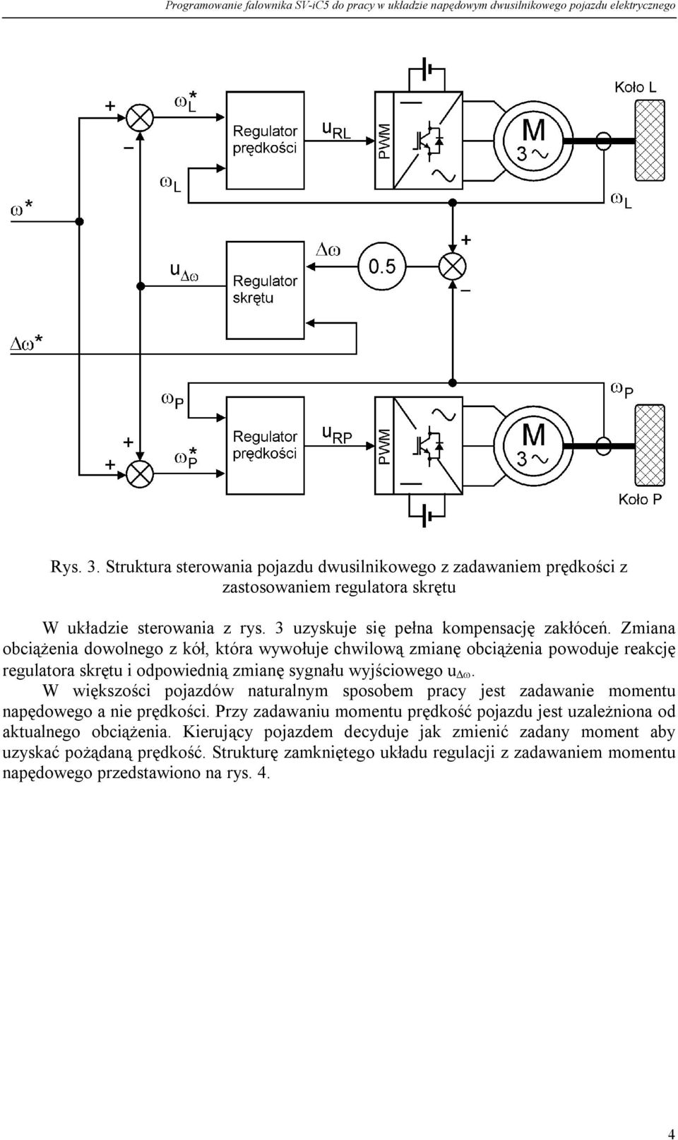 Zmiana obciążenia dowolnego z kół, która wywołuje chwilową zmianę obciążenia powoduje reakcję regulatora skrętu i odpowiednią zmianę sygnału wyjściowego u.