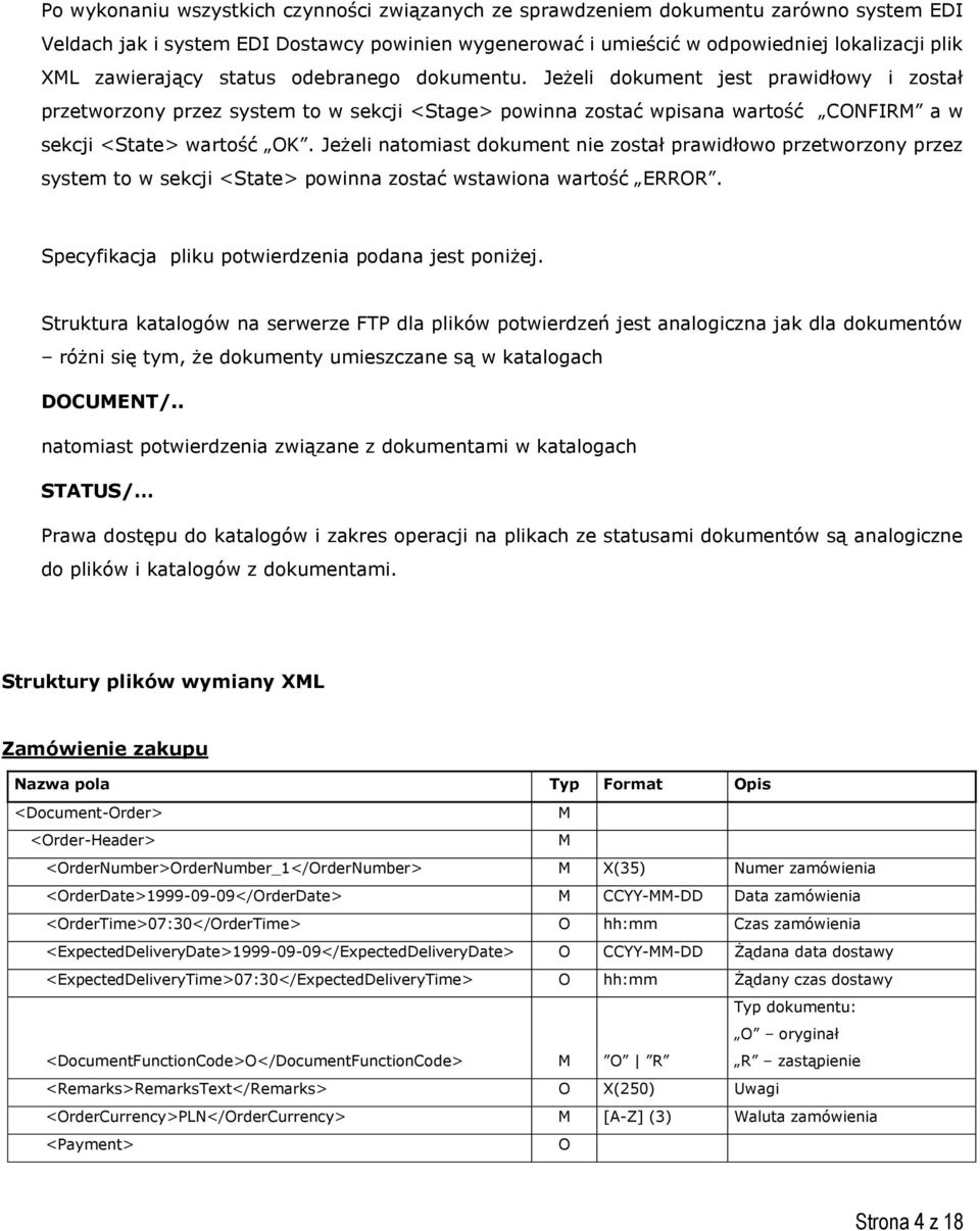 Jeżeli natomiast dokument nie został prawidłowo przetworzony przez system to w sekcji <State> powinna zostać wstawiona wartość ERROR. Specyfikacja pliku potwierdzenia podana jest poniżej.