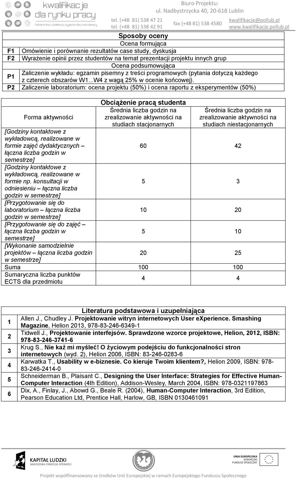projektu innych grup Ocena podsumowująca Zaliczenie wykładu: egzamin pisemny z treści programowych (pytania dotyczą każdego P z czterech obszarów W...W4 z wagą 5% w ocenie końcowej).