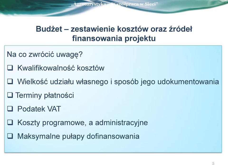 Kwalifikowalność kosztów Wielkość udziału własnego i sposób jego