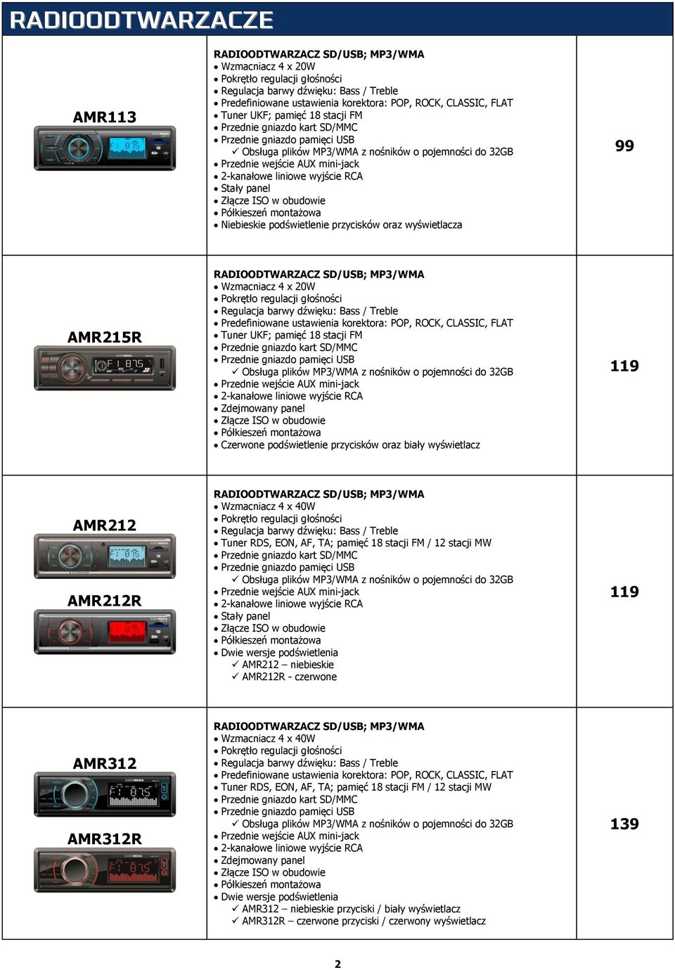 Półkieszeń montażowa Niebieskie podświetlenie przycisków oraz wyświetlacza AMR215R RADIOODTWARZACZ SD/USB; MP3/WMA Wzmacniacz 4 x 20W Pokrętło regulacji głośności Regulacja barwy dźwięku: Bass /