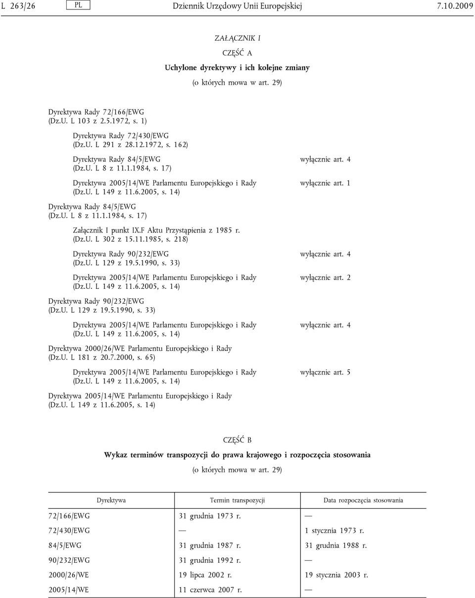 14) wyłącznie art. 4 wyłącznie art. 1 Dyrektywa Rady 84/5/EWG (Dz.U. L 8 z 11.1.1984, s. 17) Załącznik I punkt IX.F Aktu Przystąpienia z 1985 r. (Dz.U. L 302 z 15.11.1985, s.