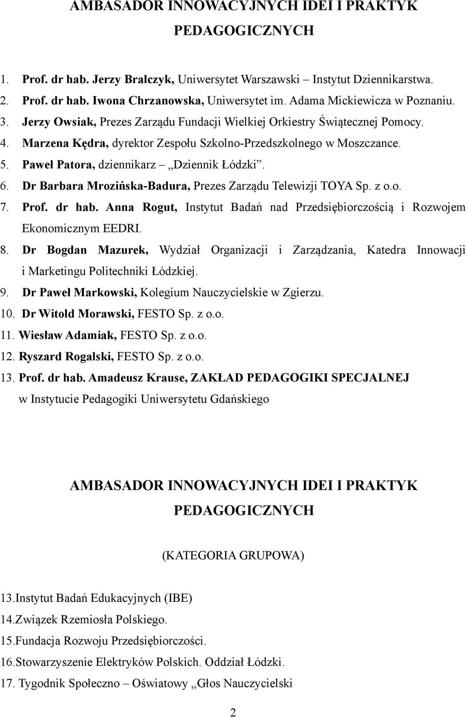 Paweł Patora, dziennikarz Dziennik Łódzki. 6. Dr Barbara Mrozińska-Badura, Prezes Zarządu Telewizji TOYA Sp. z o.o. 7. Prof. dr hab.