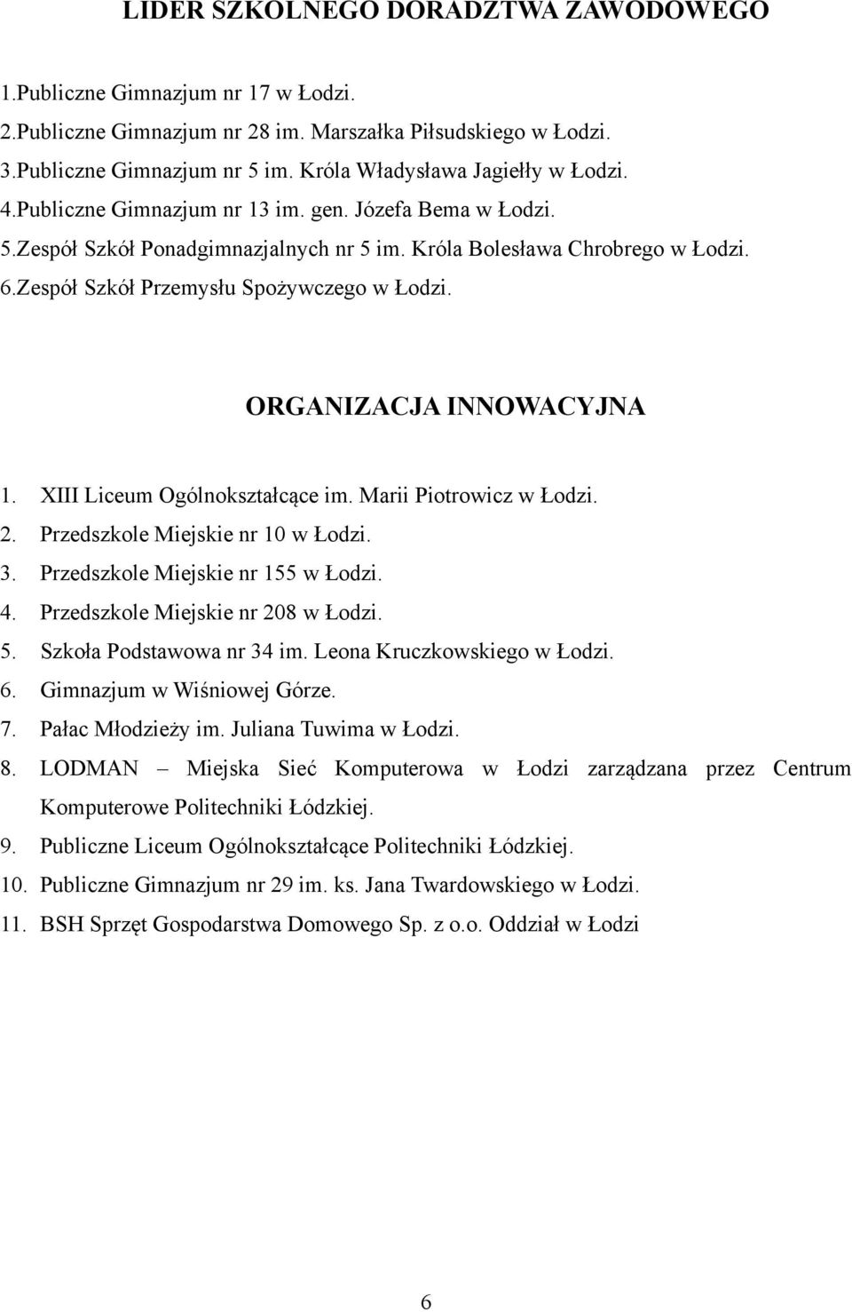 Zespół Szkół Przemysłu Spożywczego w Łodzi. ORGANIZACJA INNOWACYJNA 1. XIII Liceum Ogólnokształcące im. Marii Piotrowicz w Łodzi. 2. Przedszkole Miejskie nr 10 w Łodzi. 3.