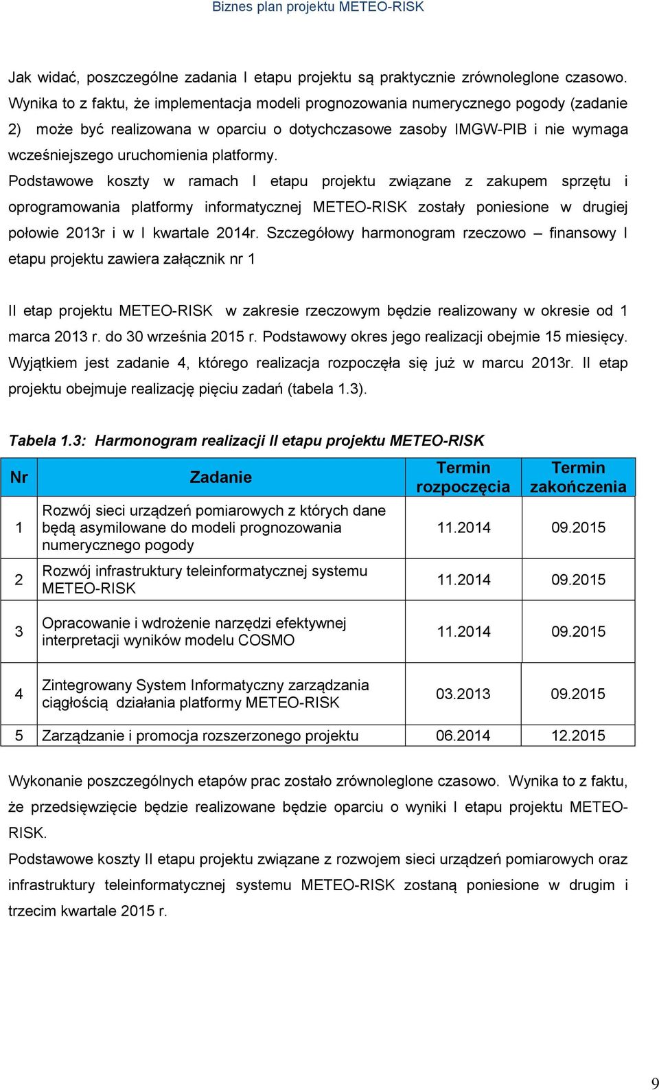 platformy. Podstawowe koszty w ramach I etapu projektu związane z zakupem sprzętu i oprogramowania platformy informatycznej METEO-RISK zostały poniesione w drugiej połowie 2013r i w I kwartale 2014r.