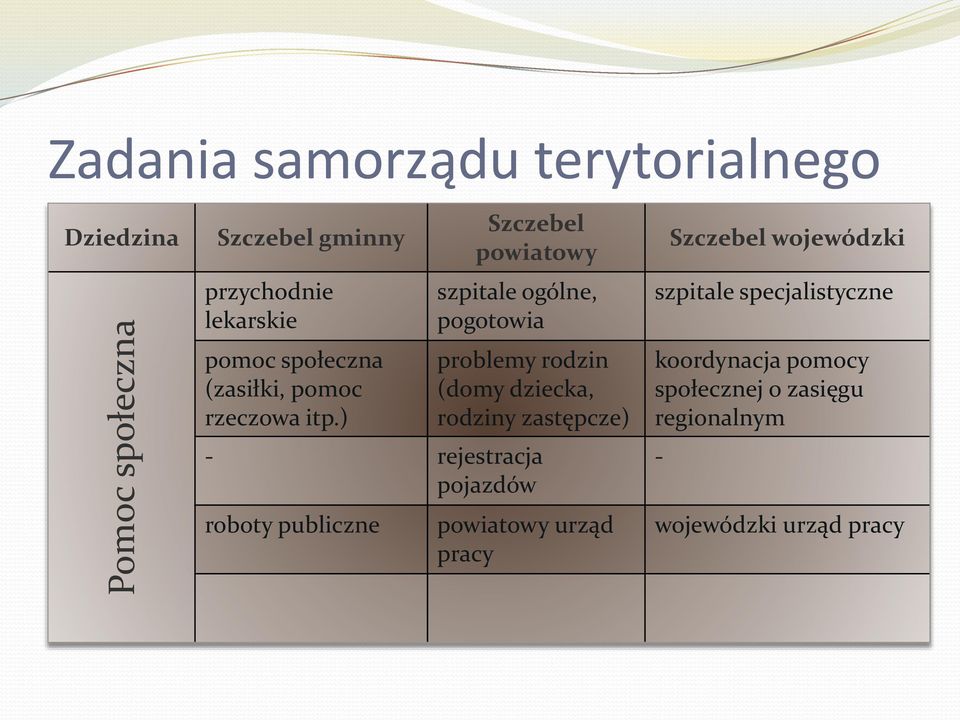 ) Szczebel powiatowy szpitale ogólne, pogotowia problemy rodzin (domy dziecka, rodziny zastępcze) -