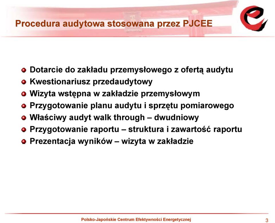 i sprzętu pomiarowego Właściwy audyt walk through dwudniowy Przygotowanie raportu struktura i