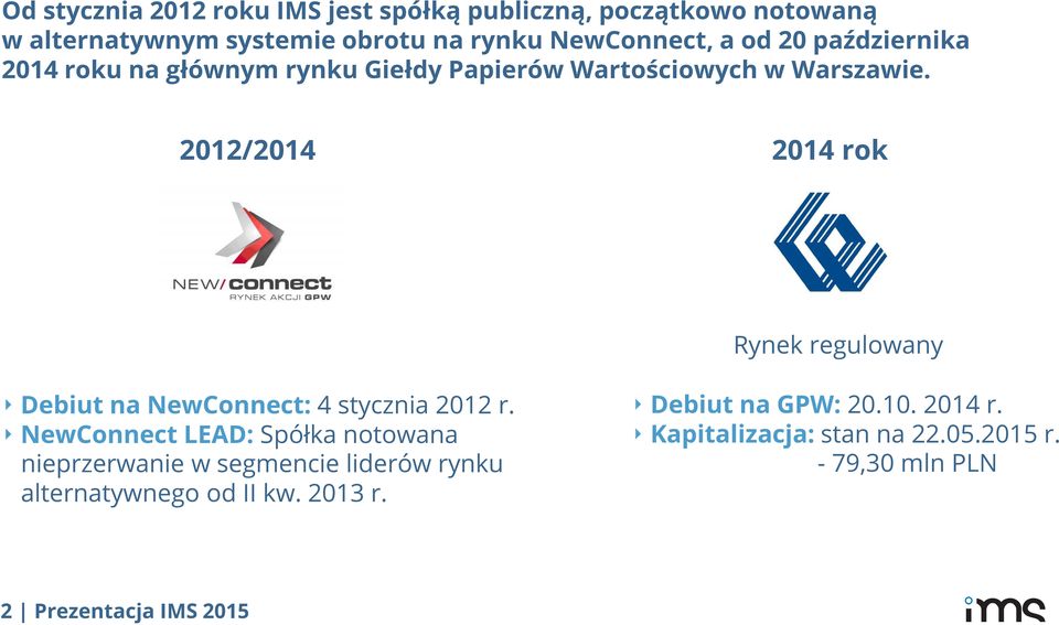2012/2014 2014 rok Rynek regulowany Debiut na NewConnect: 4 stycznia 2012 r.