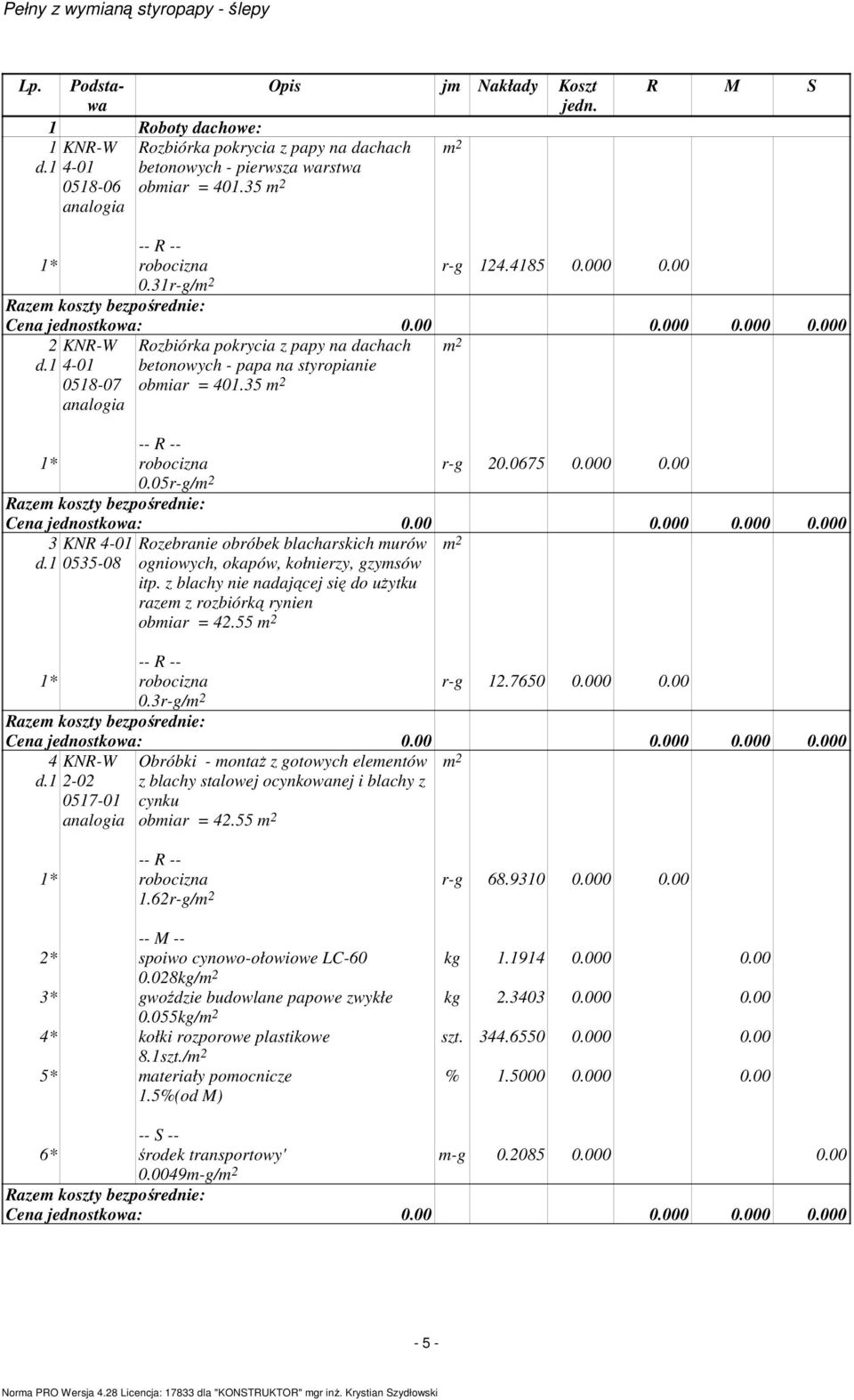 z blachy nie nadającej się do uŝytku razem z rozbiórką rynien obmiar = 42.55 r-g 12.7650 0.000 0.