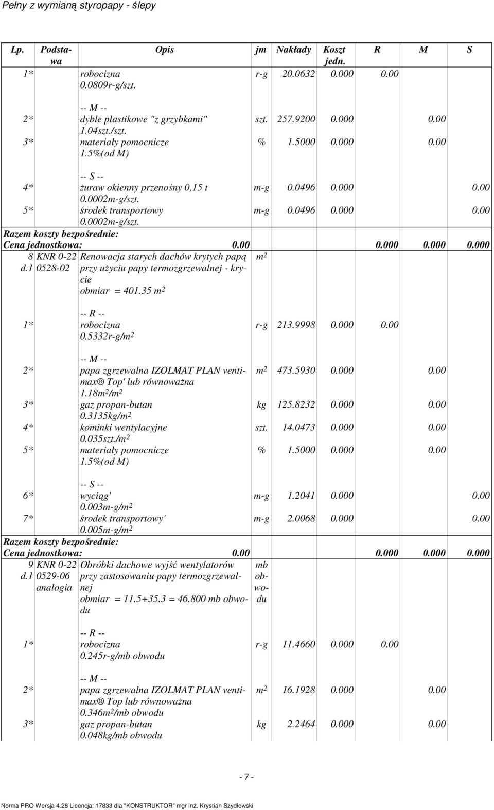35 0.5332r-g/ r-g 213.9998 0.000 0.00 2* papa zgrzewalna IZOLMAT PLAN ventimax 473.5930 0.000 0.00 Top' lub równowaŝna 1.18 / 3* gaz propan-butan kg 125.8232 0.000 0.00 0.3135kg/ 4* kominki wentylacyjne szt.